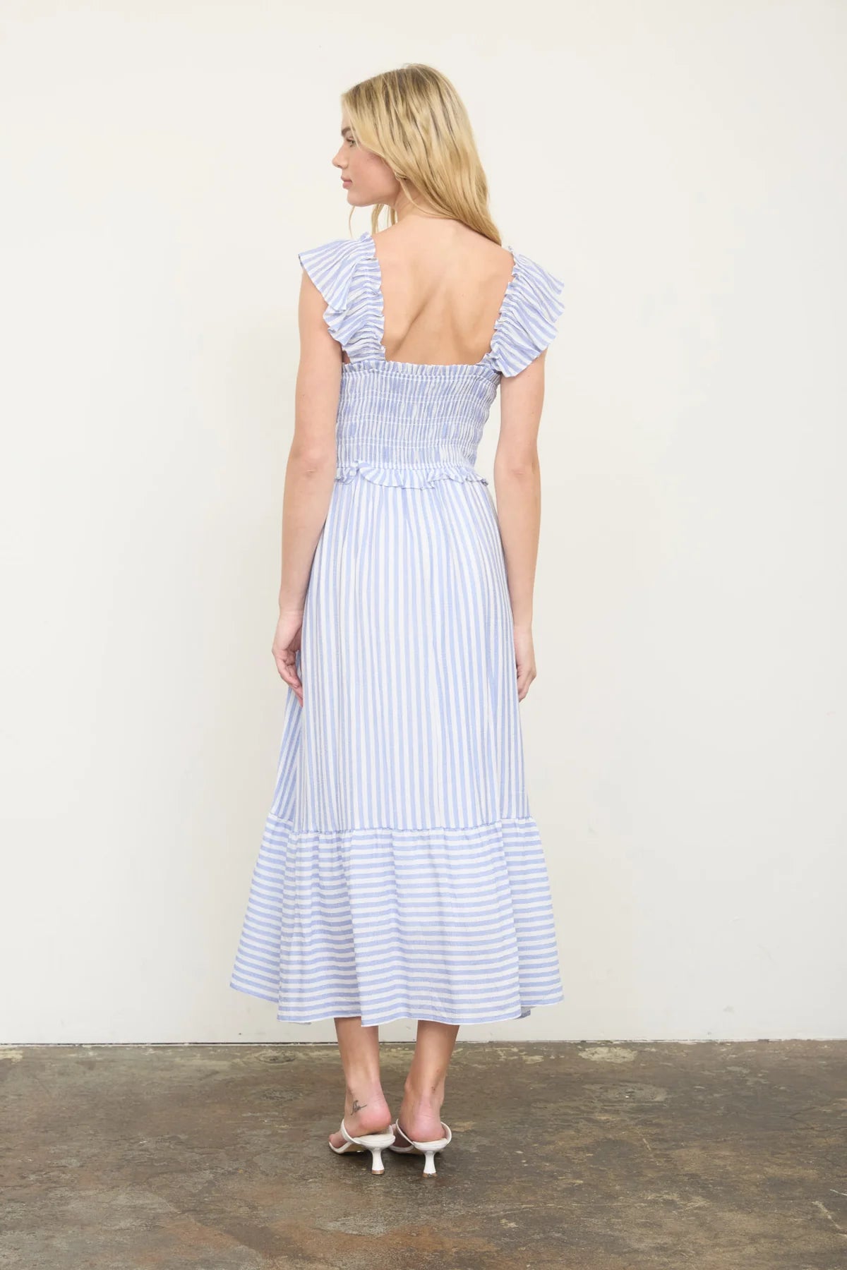 The Coastal Classic Stripe Midi Dress | Blue Smocked Ruffle Dress