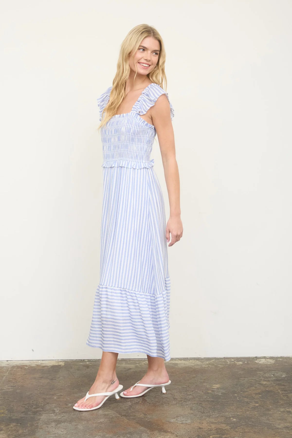 The Coastal Classic Stripe Midi Dress | Blue Smocked Ruffle Dress
