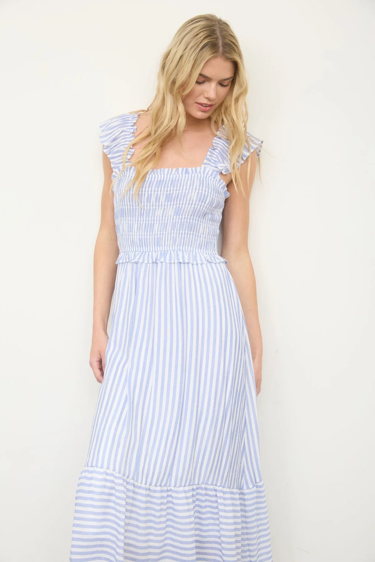 The Coastal Classic Stripe Midi Dress | Blue Smocked Ruffle Dress