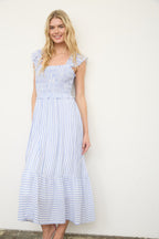 The Coastal Classic Stripe Midi Dress | Blue Smocked Ruffle Dress