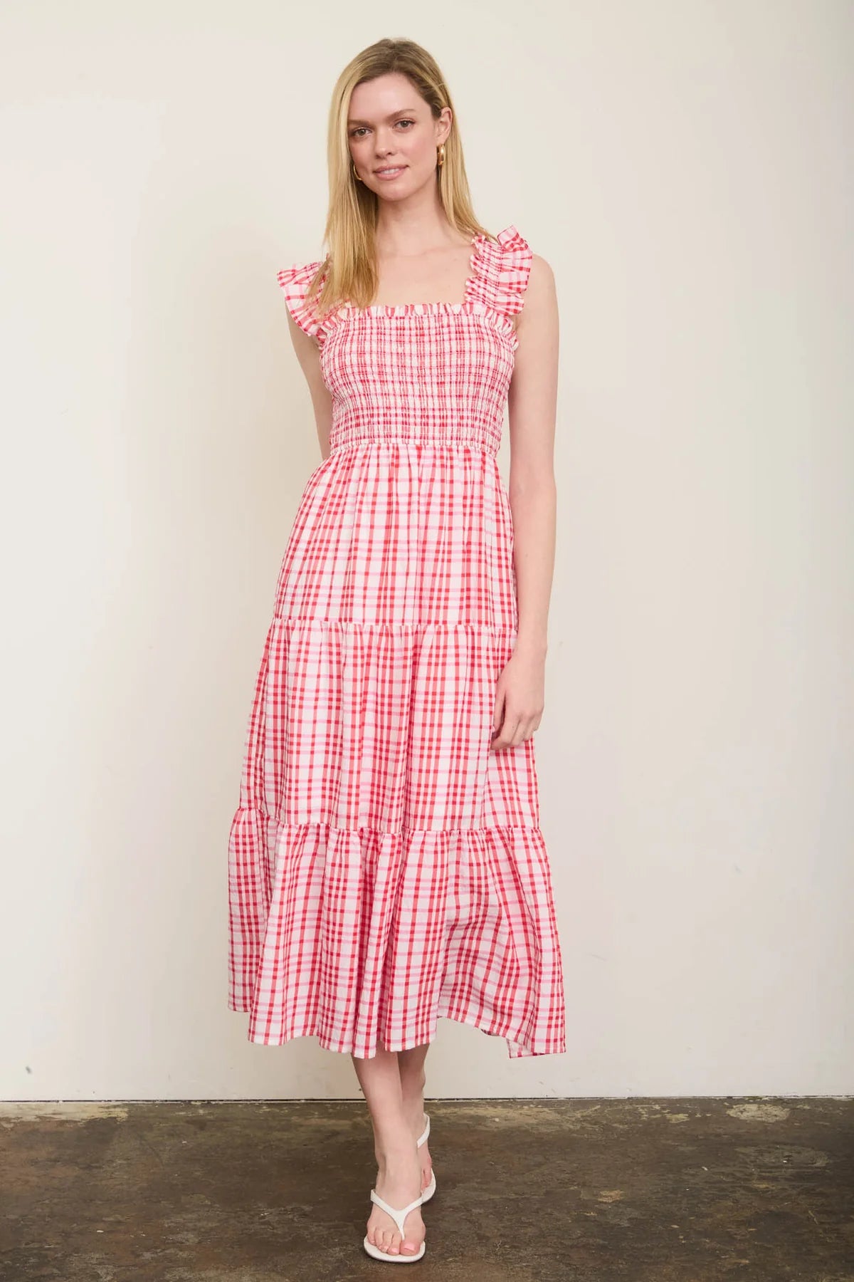 The Picnic Charm Plaid Midi Dress | Red Smocked Ruffle Strap Dress