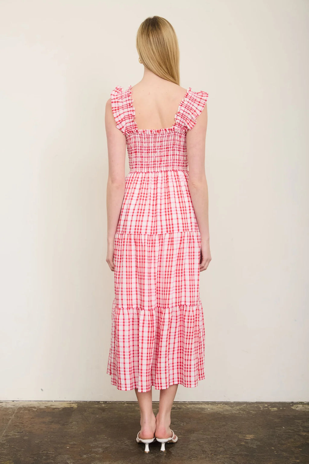 The Picnic Charm Plaid Midi Dress | Red Smocked Ruffle Strap Dress