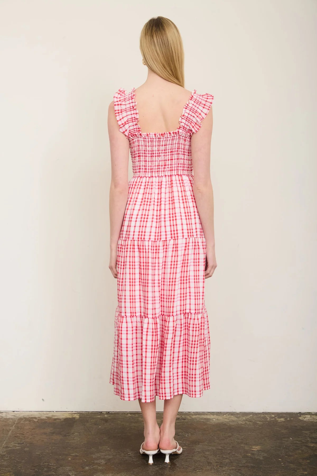 The Picnic Charm Plaid Midi Dress | Red Smocked Ruffle Strap Dress
