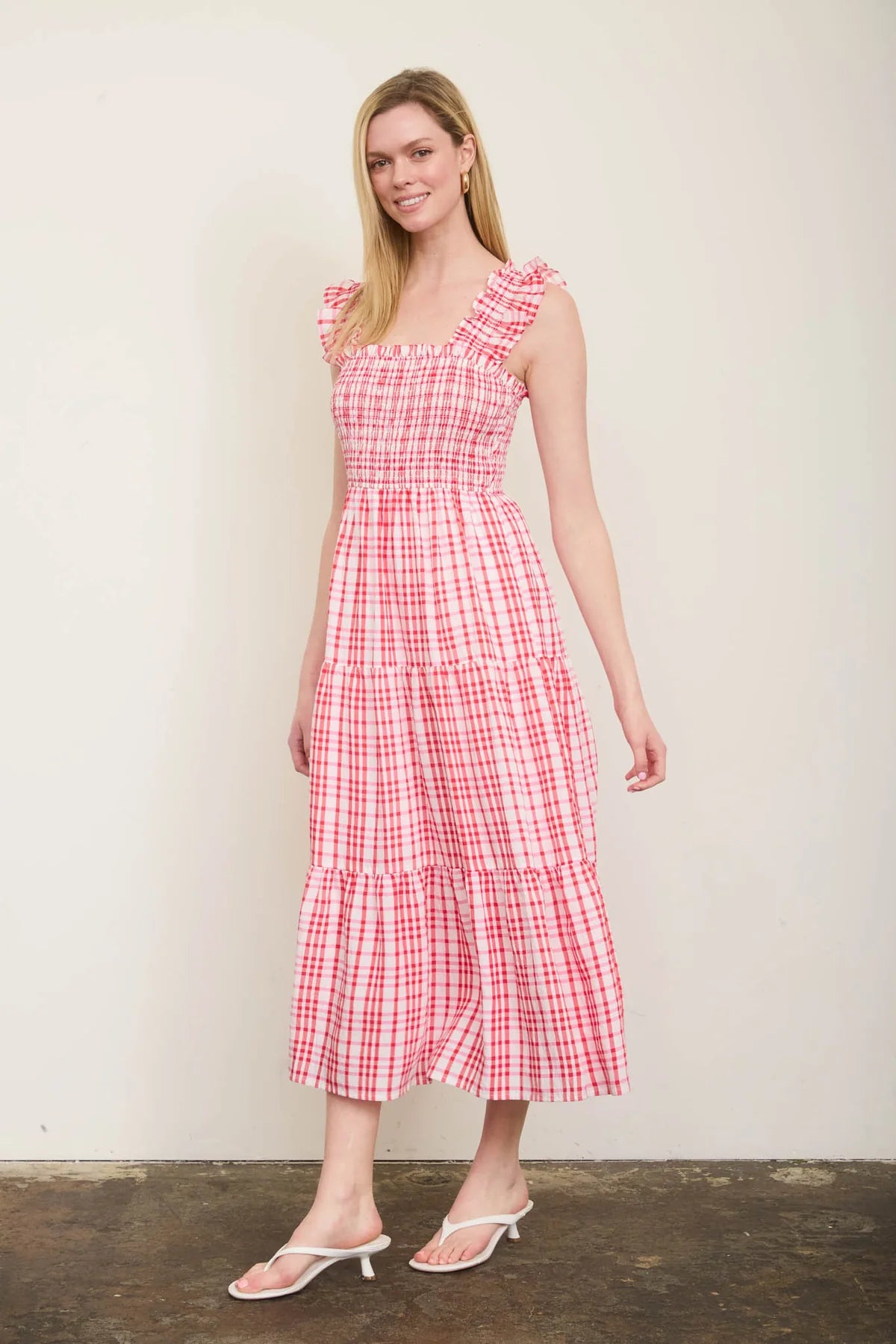 The Picnic Charm Plaid Midi Dress | Red Smocked Ruffle Strap Dress