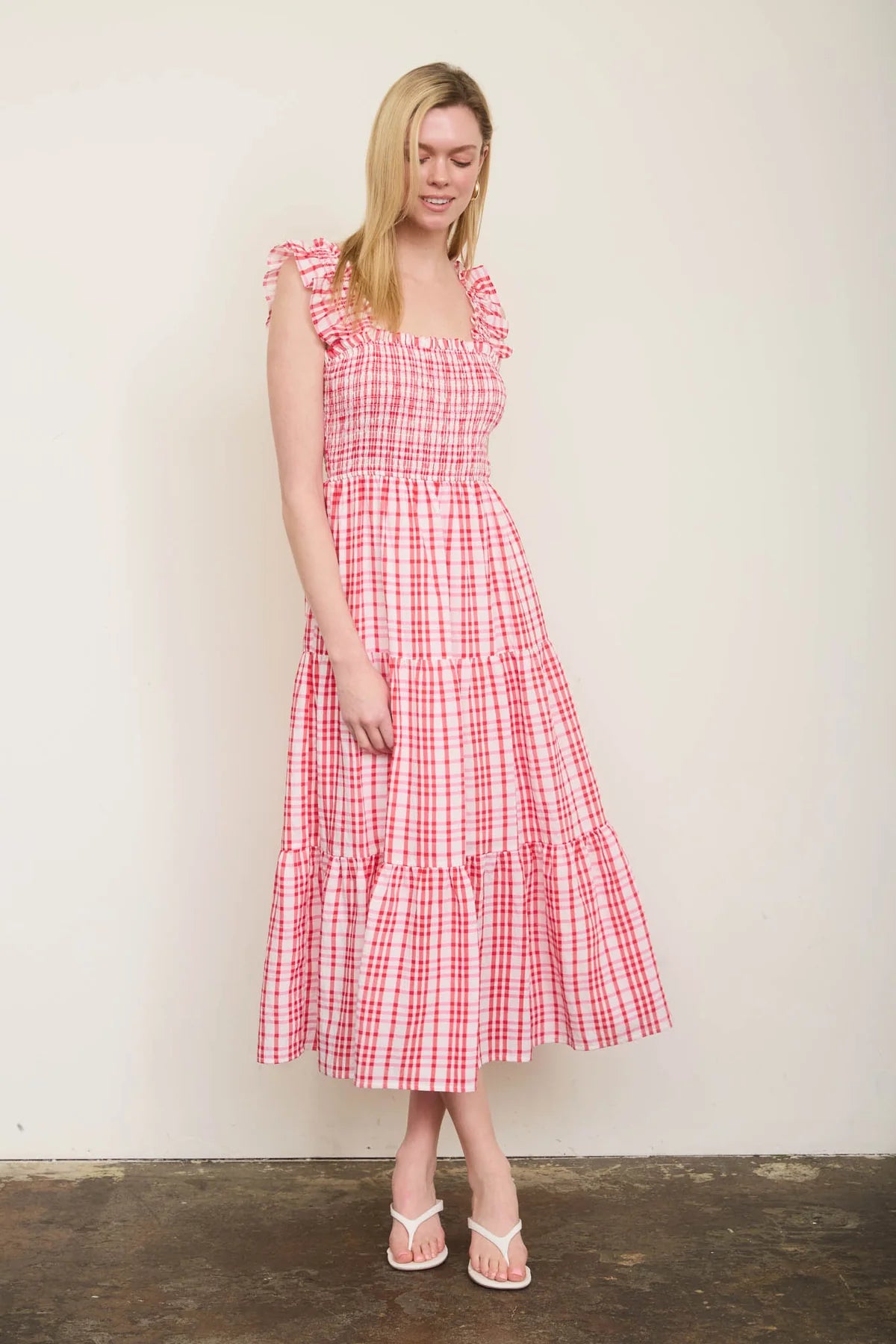 The Picnic Charm Plaid Midi Dress | Red Smocked Ruffle Strap Dress