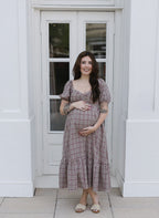 The Cranberry Lane Gingham Maxi Dress | Burgundy Puff Sleeve Dress