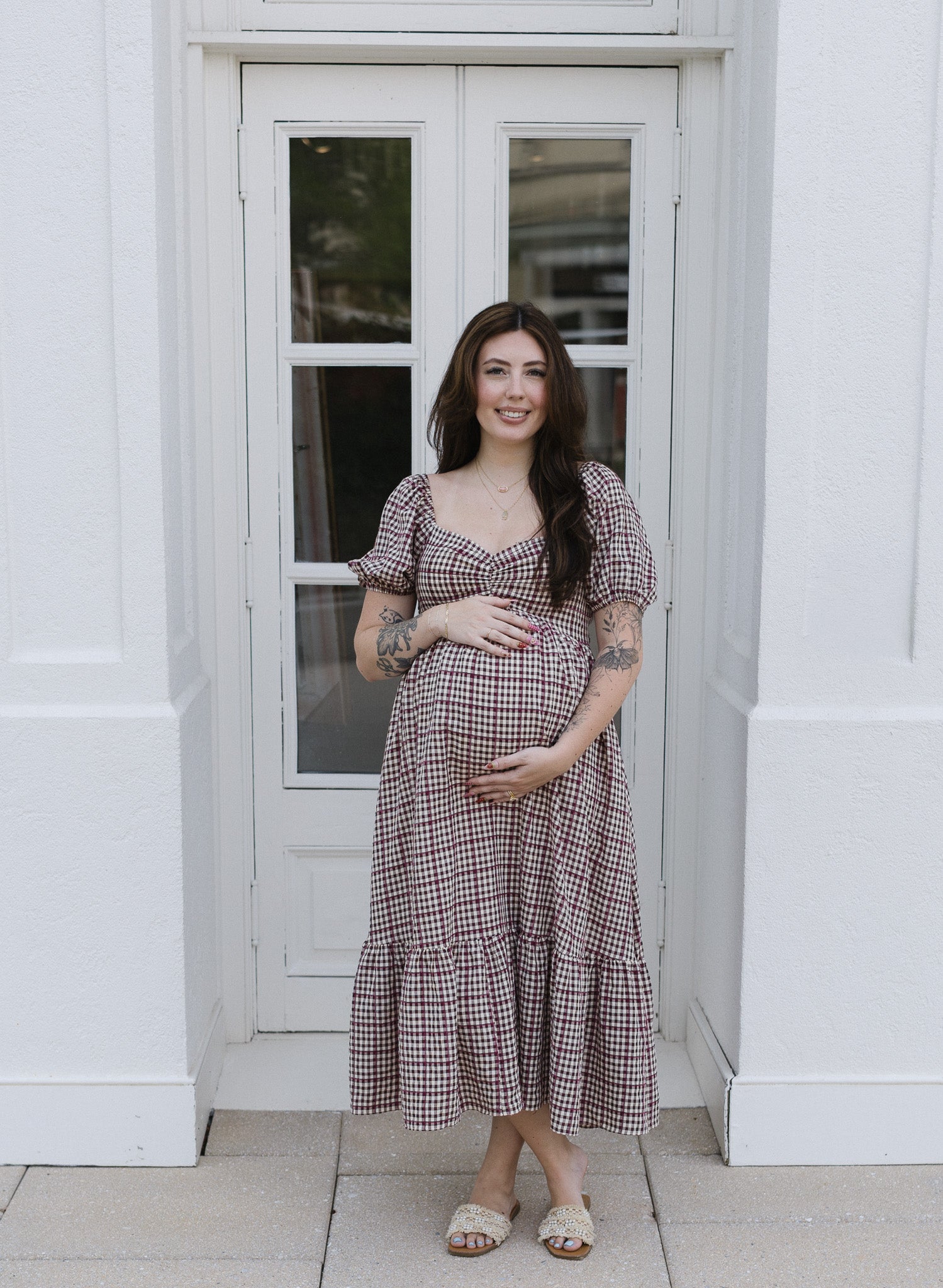 The Cranberry Lane Gingham Maxi Dress | Burgundy Puff Sleeve Dress
