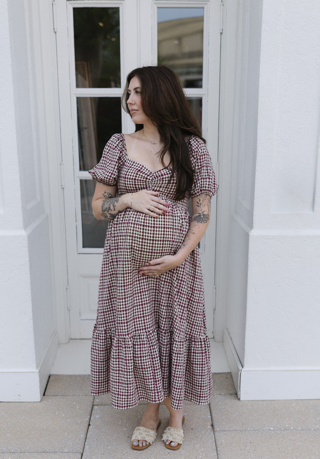 The Cranberry Lane Gingham Maxi Dress | Burgundy Puff Sleeve Dress
