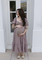 The Cranberry Lane Gingham Maxi Dress | Burgundy Puff Sleeve Dress