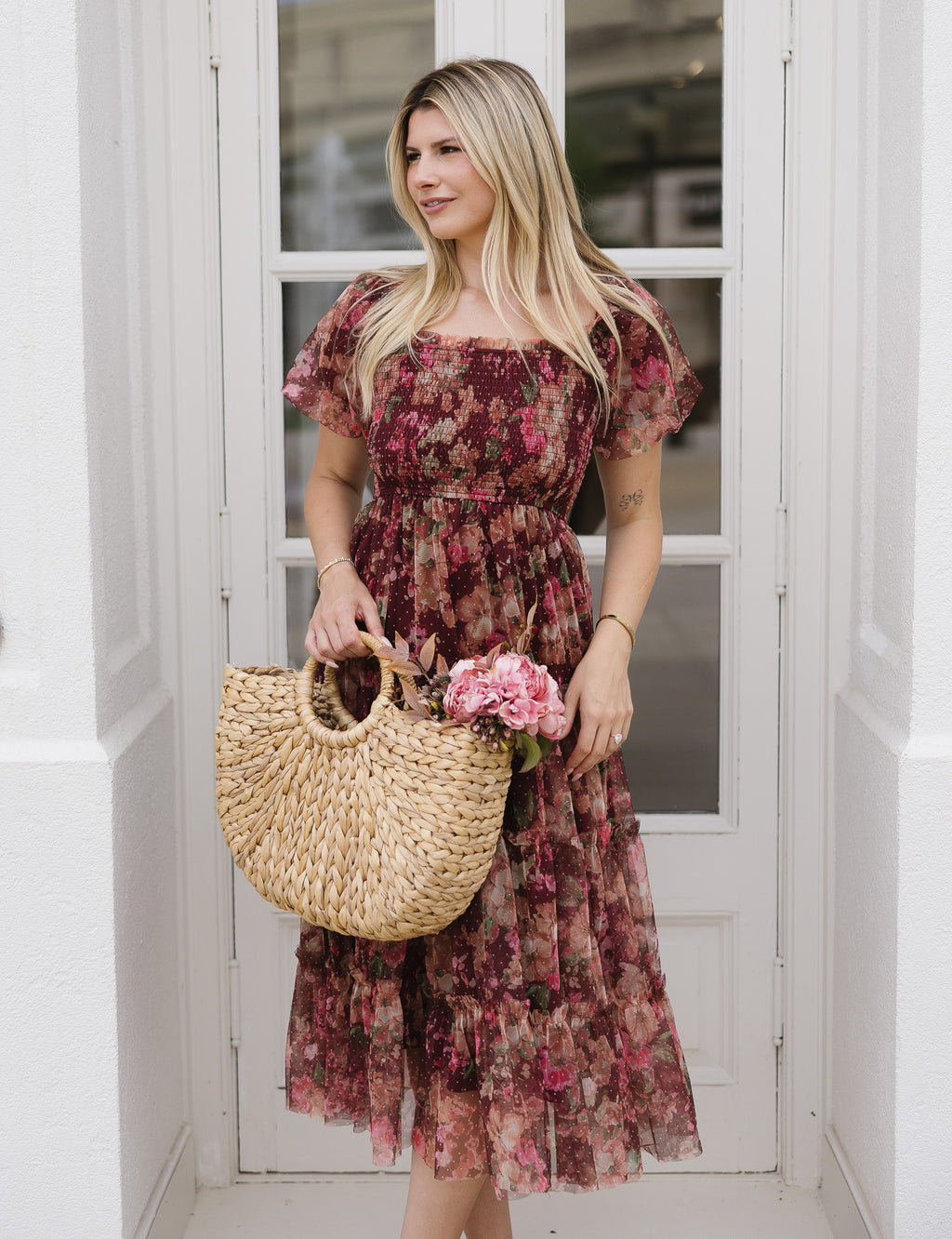 The Merlot Midi | Burgundy Floral Tulle Midi Dress