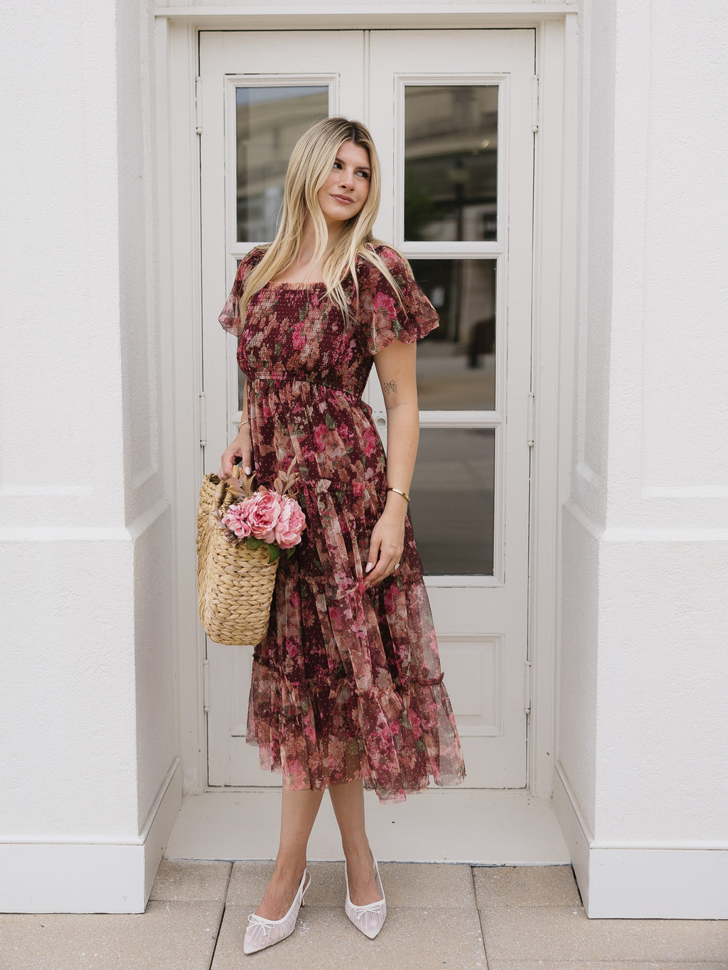 The Merlot Midi | Burgundy Floral Tulle Midi Dress
