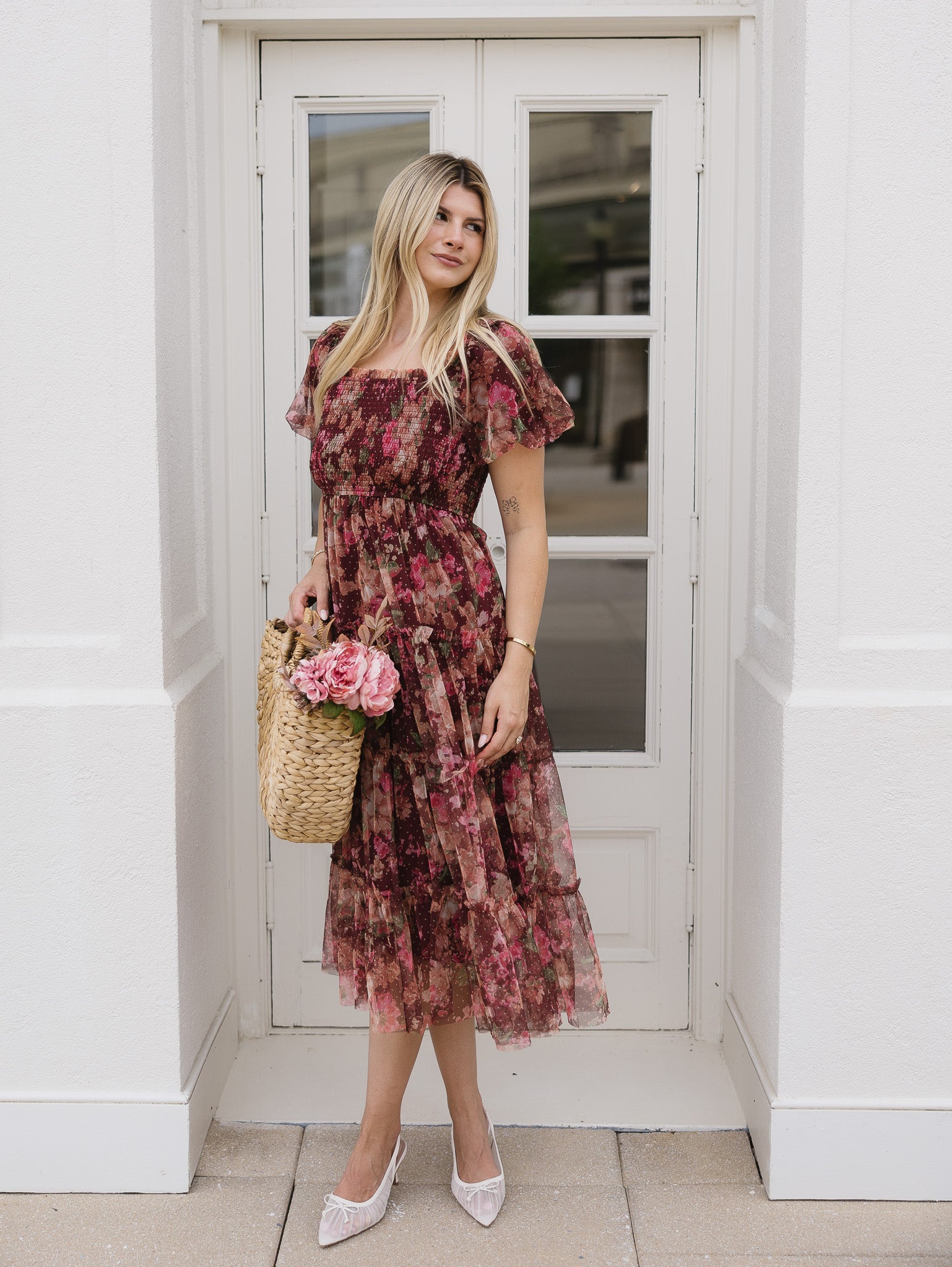 The Merlot Midi | Burgundy Floral Tulle Midi Dress