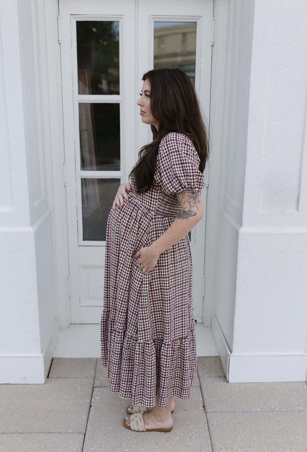 The Cranberry Lane Gingham Maxi Dress | Burgundy Puff Sleeve Dress