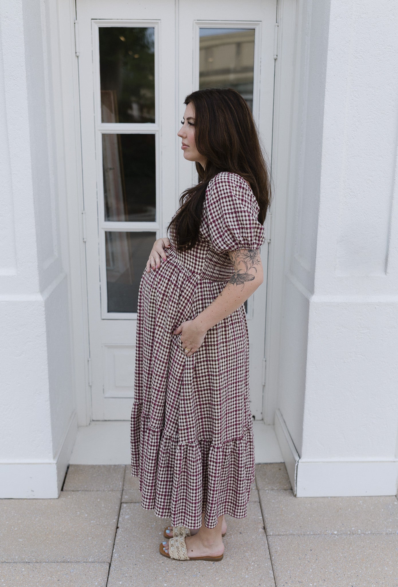 The Cranberry Lane Gingham Maxi Dress | Burgundy Puff Sleeve Dress