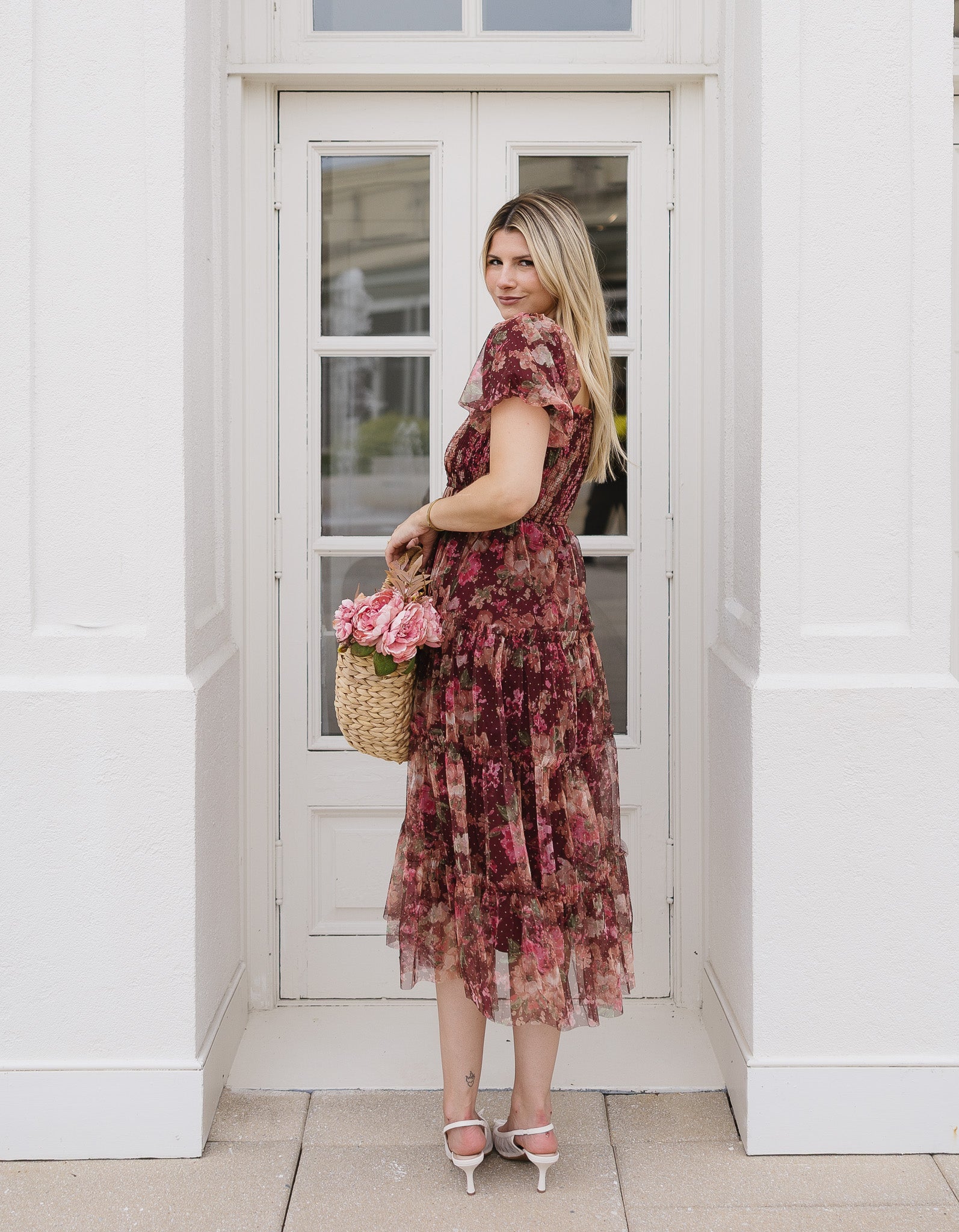 The Merlot Midi | Burgundy Floral Tulle Midi Dress