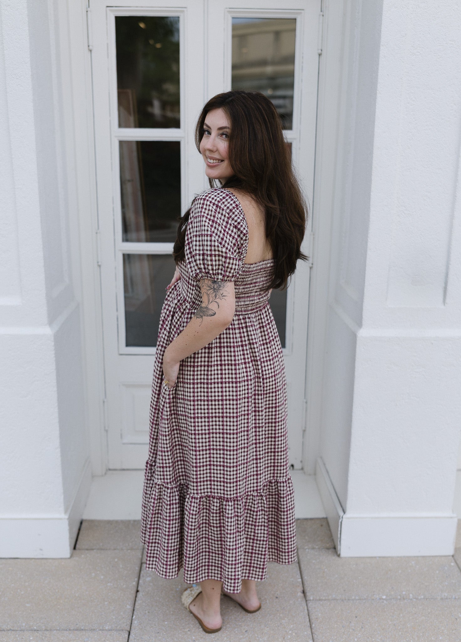 The Cranberry Lane Gingham Maxi Dress | Burgundy Puff Sleeve Dress