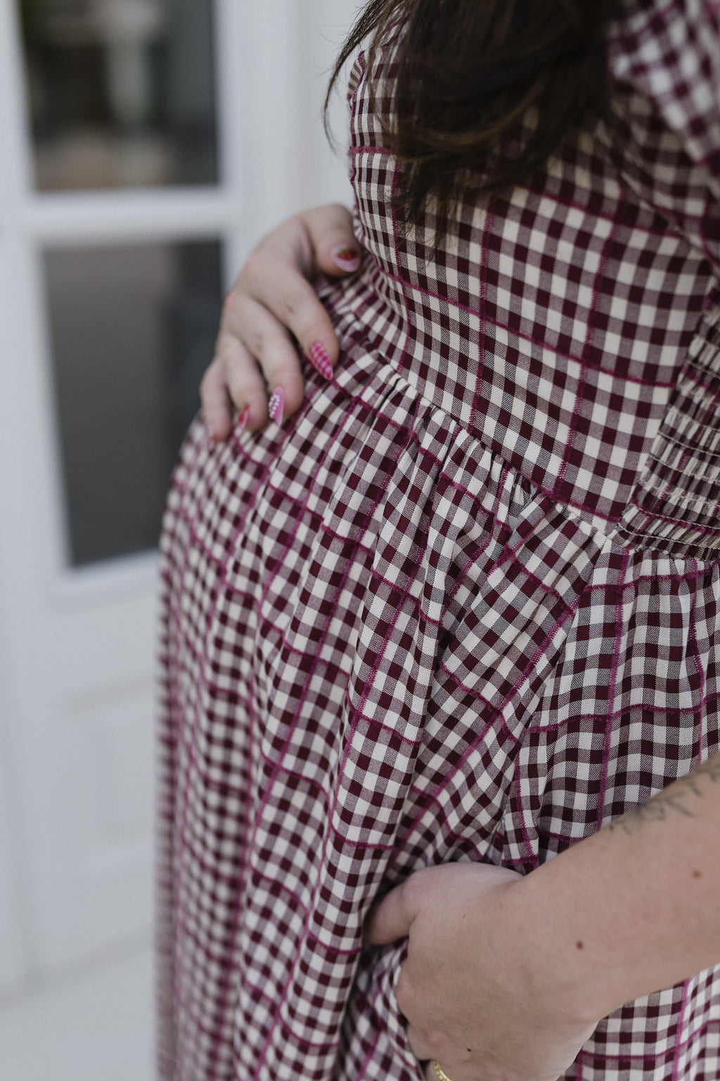 The Cranberry Lane Gingham Maxi Dress | Burgundy Puff Sleeve Dress