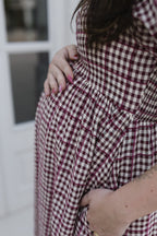 The Cranberry Lane Gingham Maxi Dress | Burgundy Puff Sleeve Dress