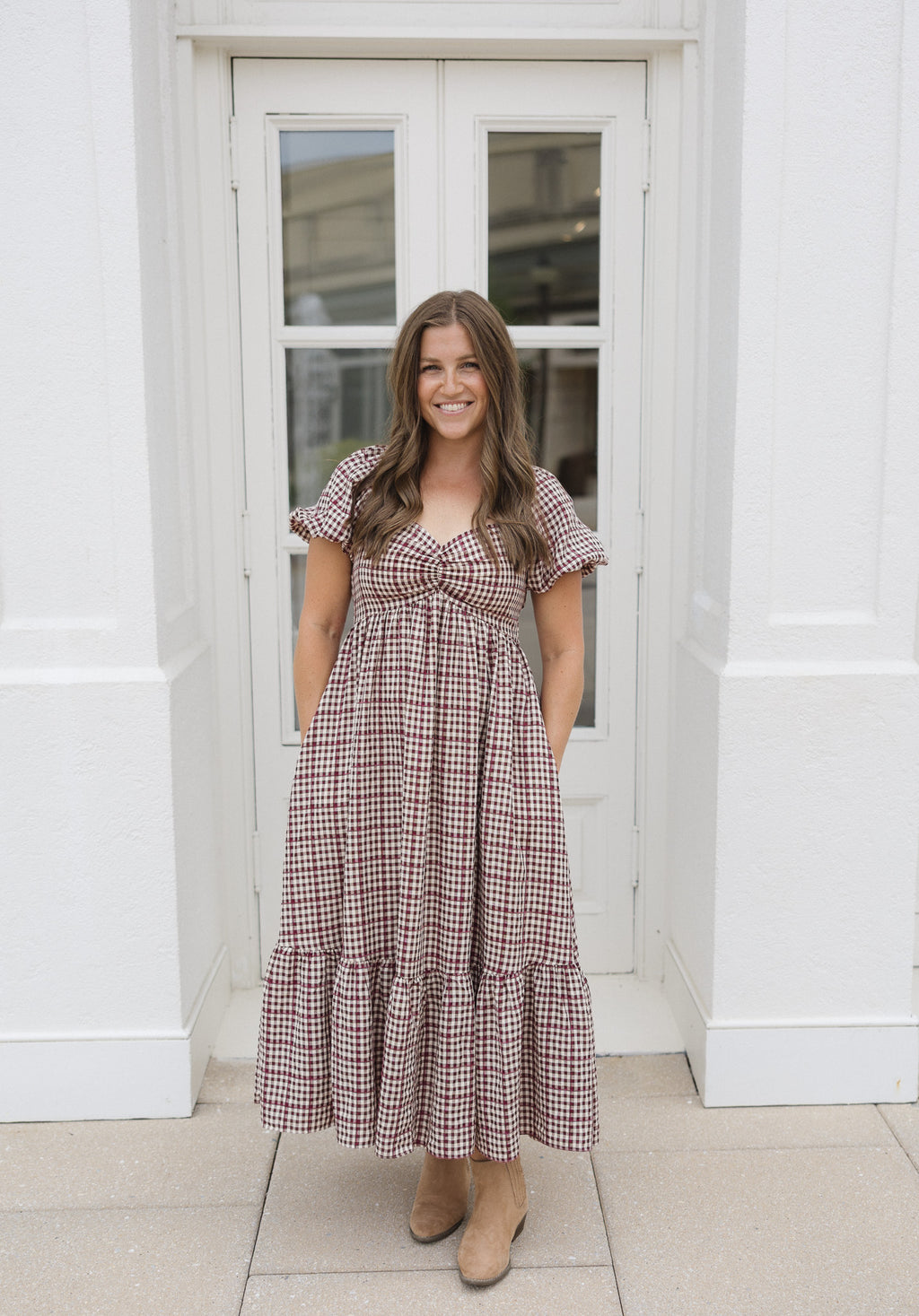 The Cranberry Lane Gingham Maxi Dress | Burgundy Puff Sleeve Dress