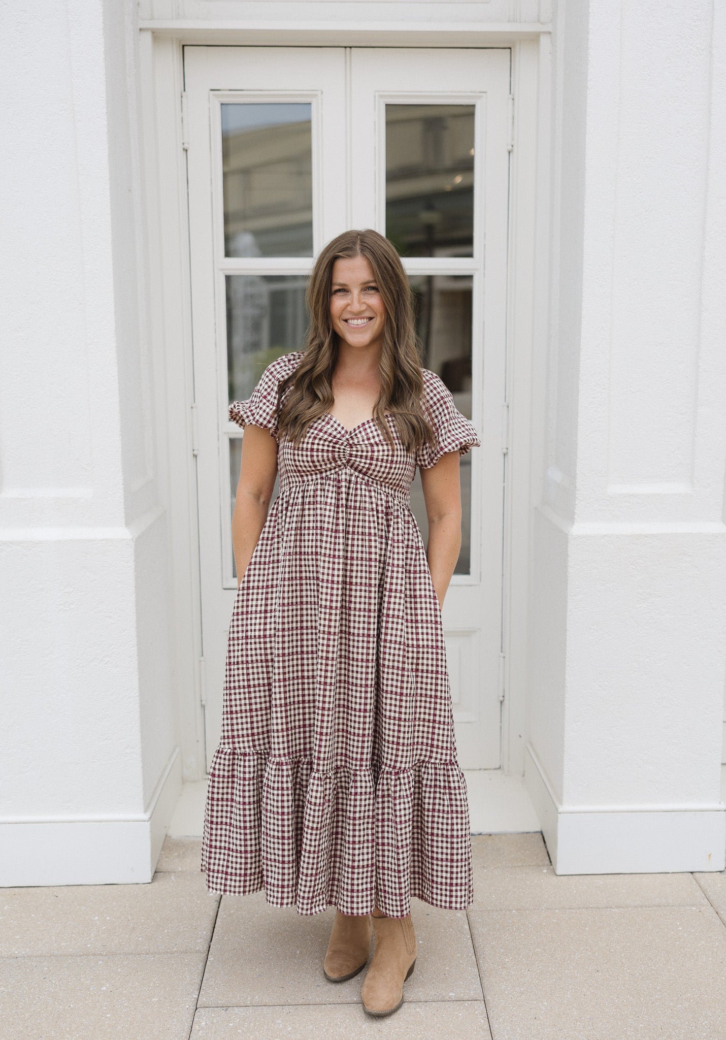 The Cranberry Lane Gingham Maxi Dress | Burgundy Puff Sleeve Dress