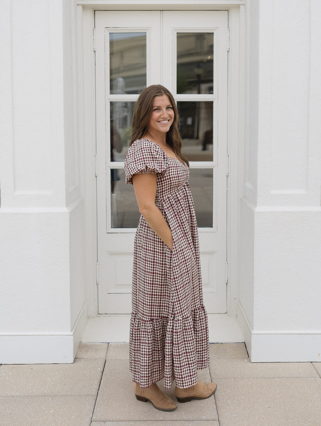 The Cranberry Lane Gingham Maxi Dress | Burgundy Puff Sleeve Dress