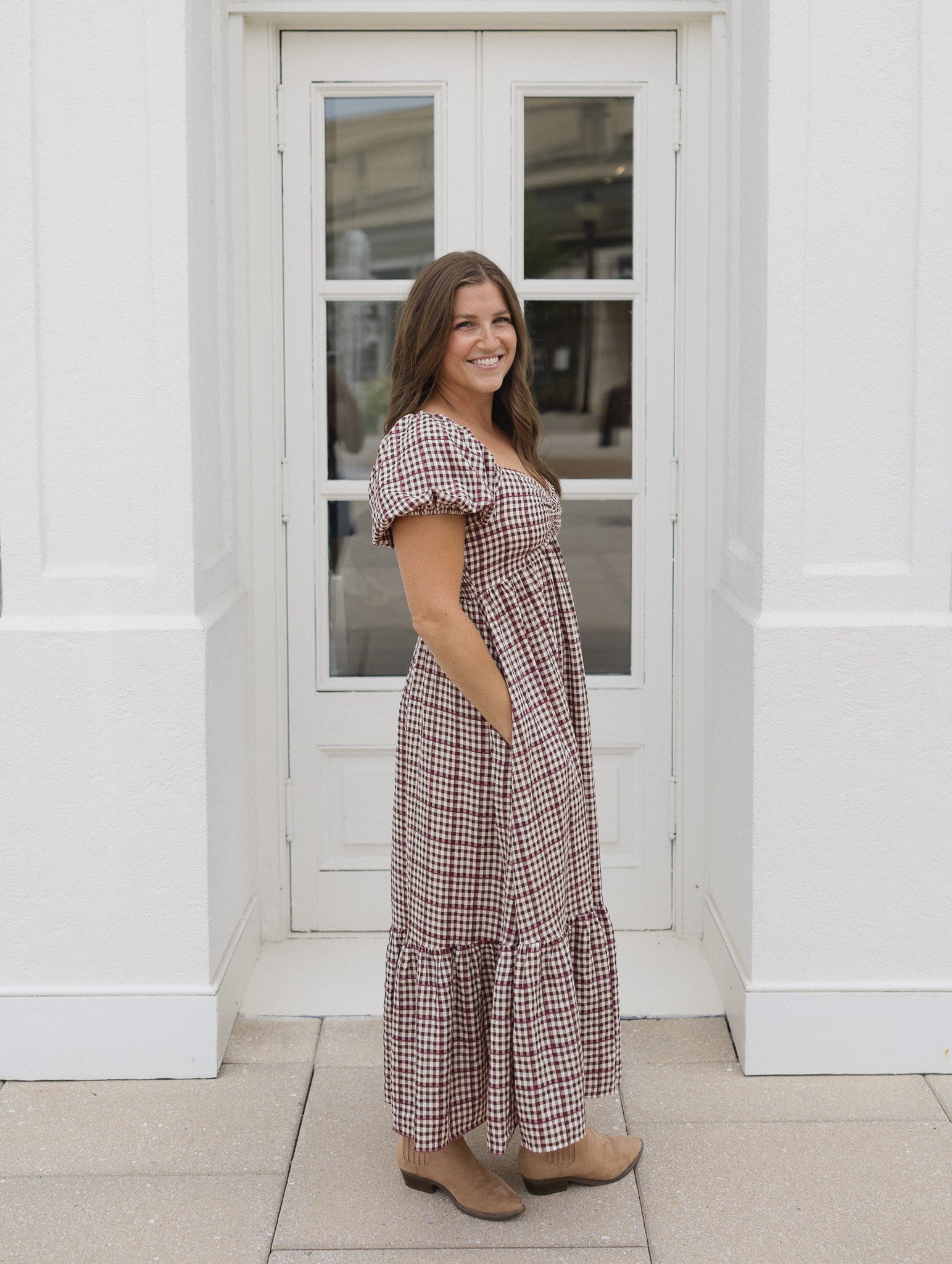 The Cranberry Lane Gingham Maxi Dress | Burgundy Puff Sleeve Dress