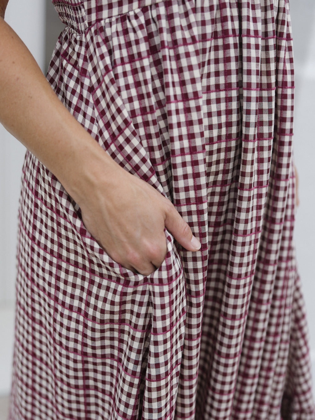 The Cranberry Lane Gingham Maxi Dress | Burgundy Puff Sleeve Dress