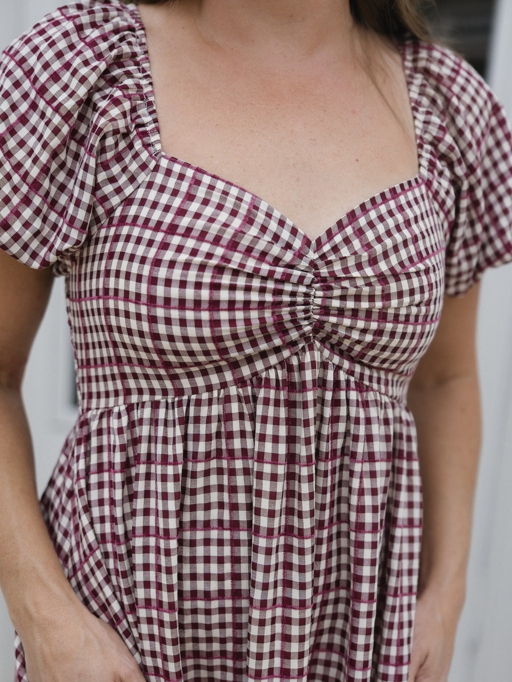 The Cranberry Lane Gingham Maxi Dress | Burgundy Puff Sleeve Dress
