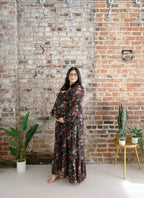 The Midnight Bloom Maxi Dress | Black Floral Sweetheart Smocked Maxi