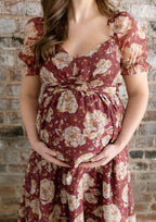 The Bordeaux Bloom Midi Dress | Burgundy Floral Puff Sleeve Smocked Dress