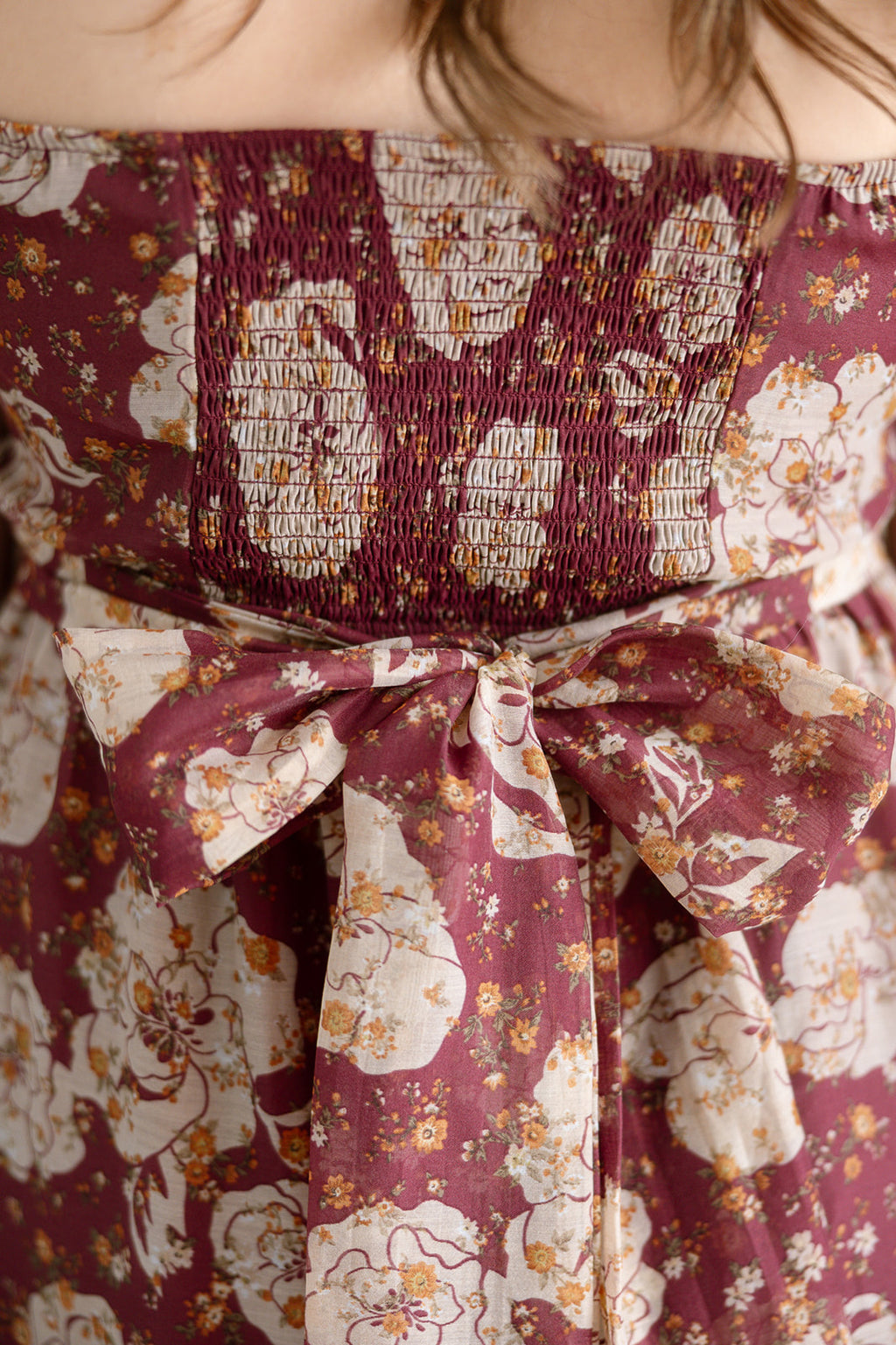 The Bordeaux Bloom Midi Dress | Burgundy Floral Puff Sleeve Smocked Dress