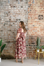 The Bordeaux Bloom Midi Dress | Burgundy Floral Puff Sleeve Smocked Dress
