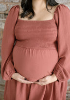 The Terracotta Bloom Maternity Midi Dress | Smocked Tiered Bump Friendly Dress