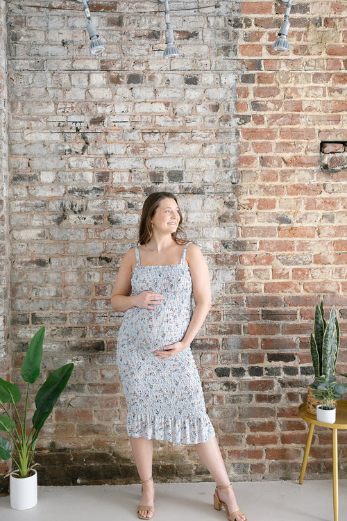 The Bluebell Smocked Maternity Dress | Fitted Floral Bump Friendly Midi