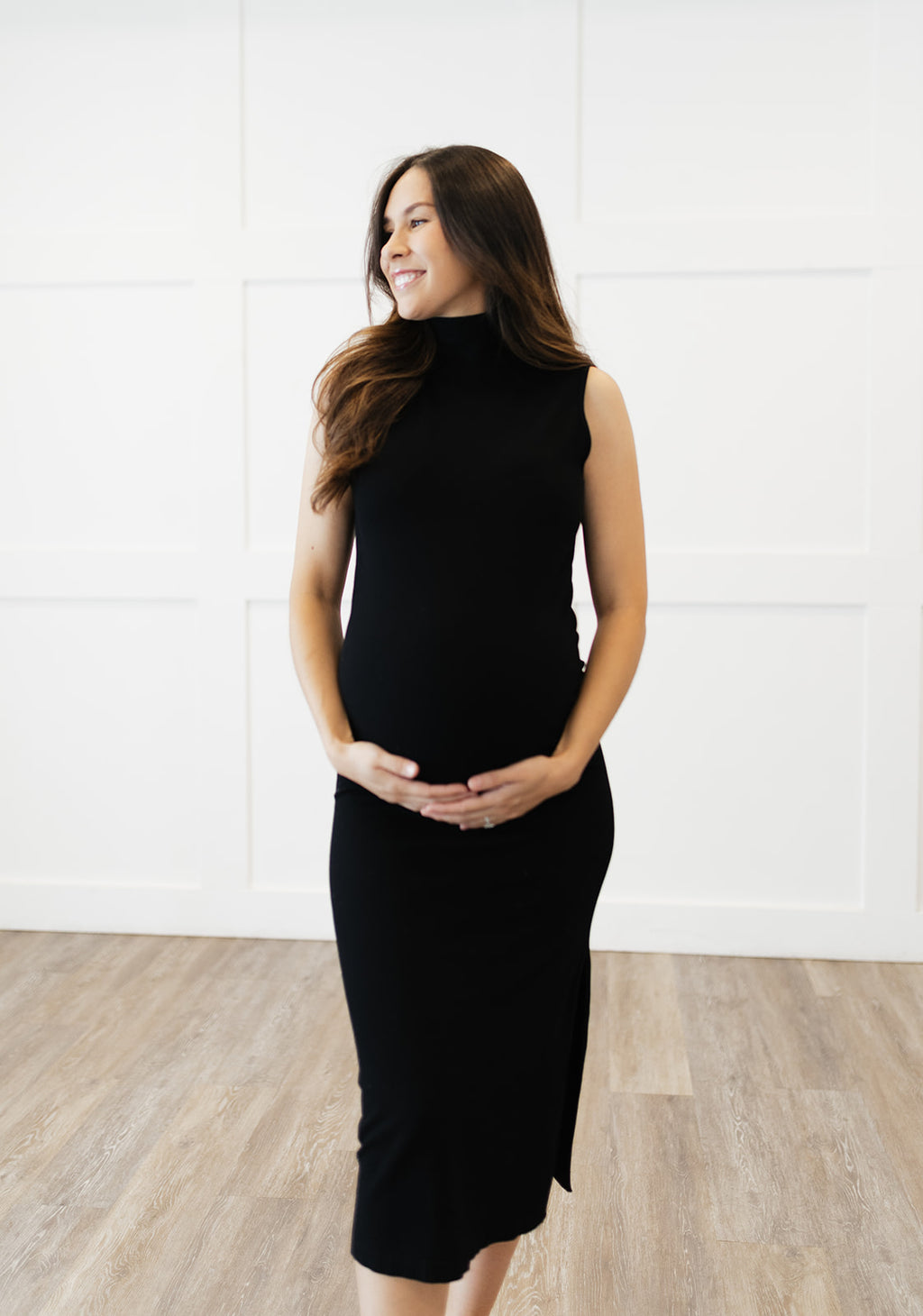 The Perfect All Occasion Midi Dress | Black Sleeveless Mock Neck Dress