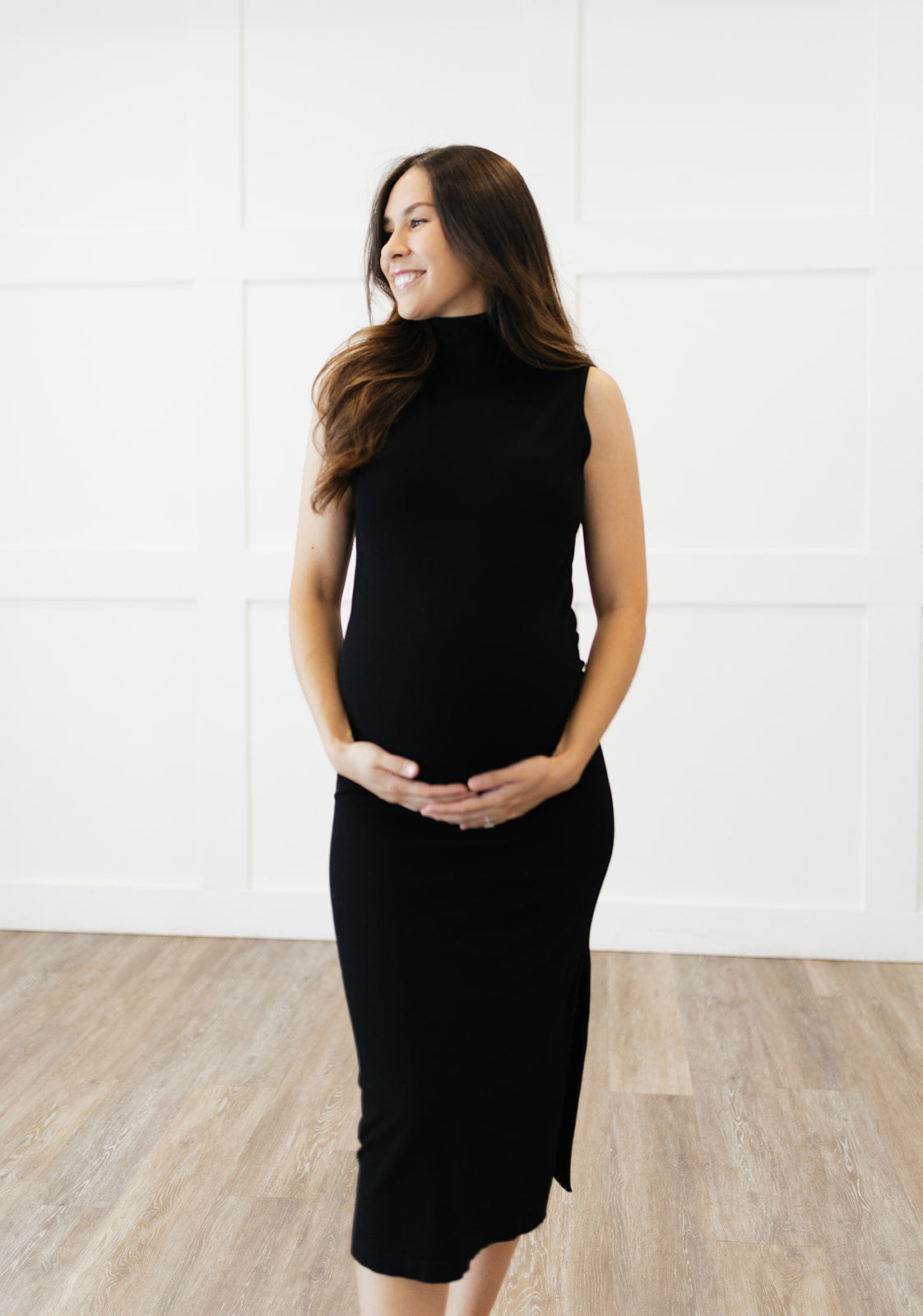 The Perfect All Occasion Midi Dress | Black Sleeveless Mock Neck Dress