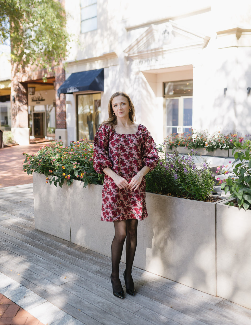 The Winter Garden Dress | Burgundy Rose Print Puff Sleeve Mini Dress