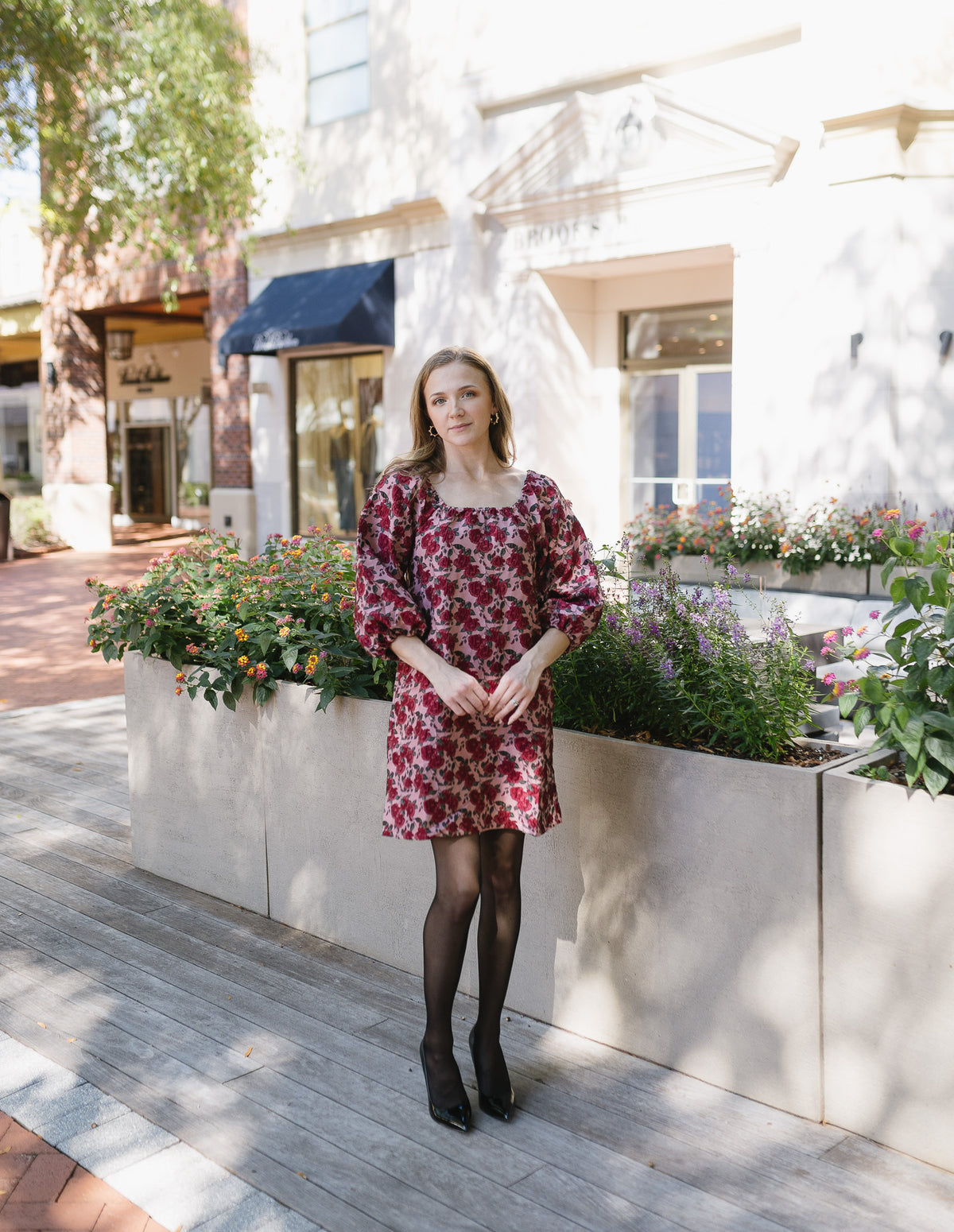 The Winter Garden Dress | Burgundy Rose Print Puff Sleeve Mini Dress