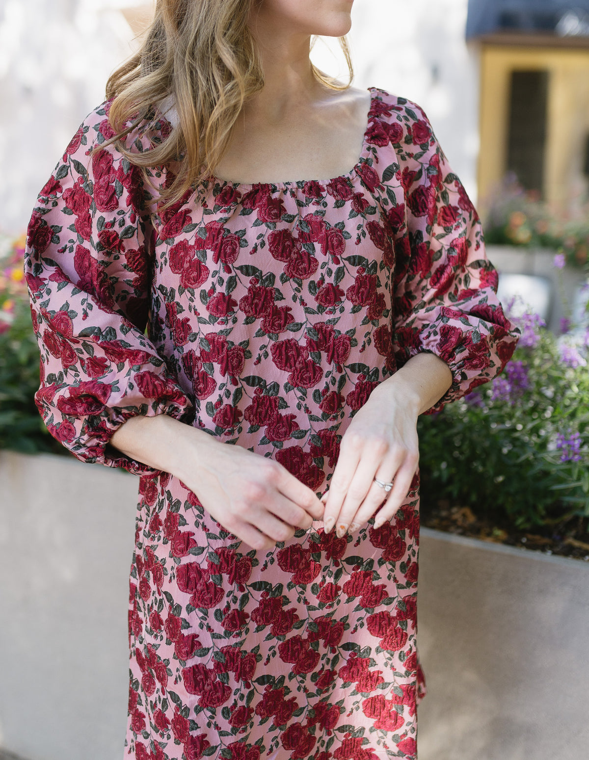 The Winter Garden Dress | Burgundy Rose Print Puff Sleeve Mini Dress