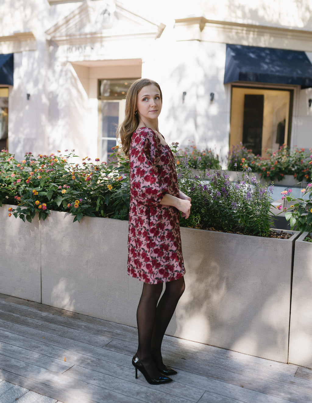 The Winter Garden Dress | Burgundy Rose Print Puff Sleeve Mini Dress
