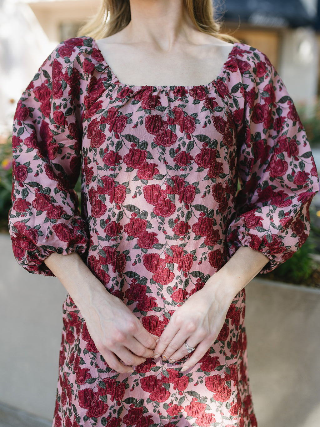 The Winter Garden Dress | Burgundy Rose Print Puff Sleeve Mini Dress