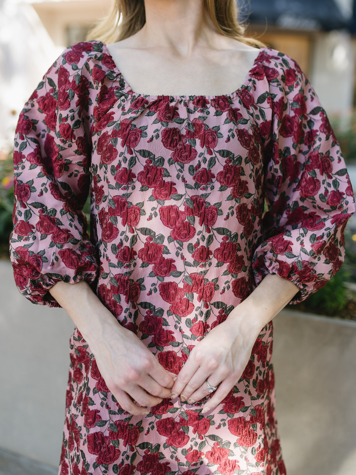 The Winter Garden Dress | Burgundy Rose Print Puff Sleeve Mini Dress