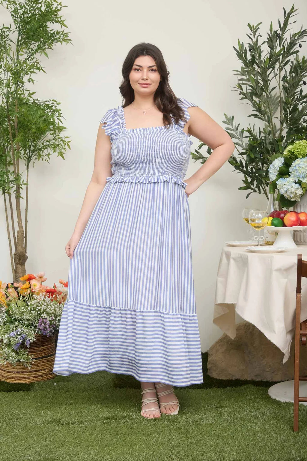The Coastal Classic Stripe Midi Dress | Blue Smocked Ruffle Dress