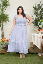 The Coastal Classic Stripe Midi Dress | Blue Smocked Ruffle Dress