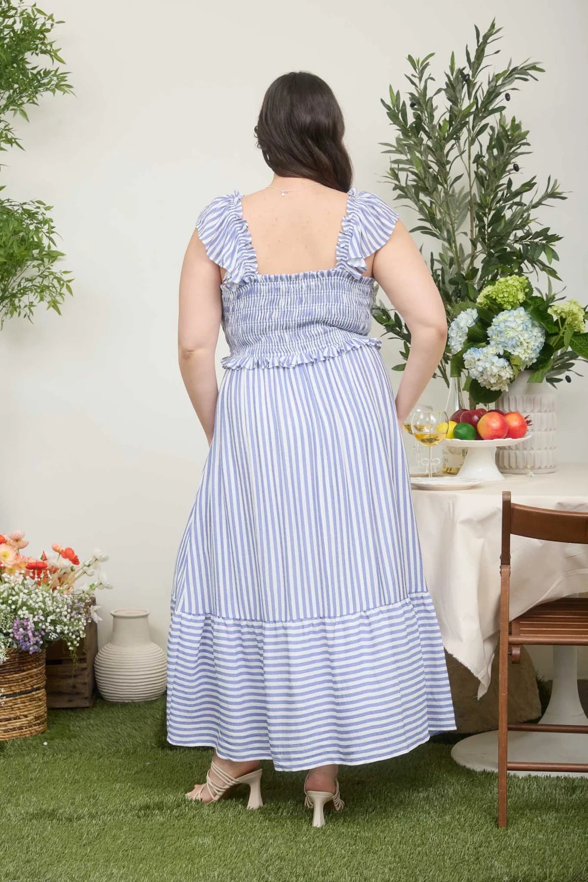 The Coastal Classic Stripe Midi Dress | Blue Smocked Ruffle Dress