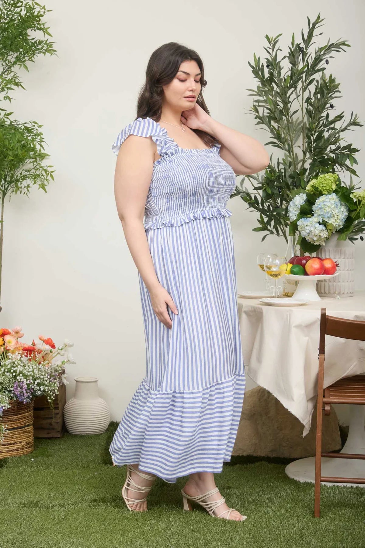 The Coastal Classic Stripe Midi Dress | Blue Smocked Ruffle Dress
