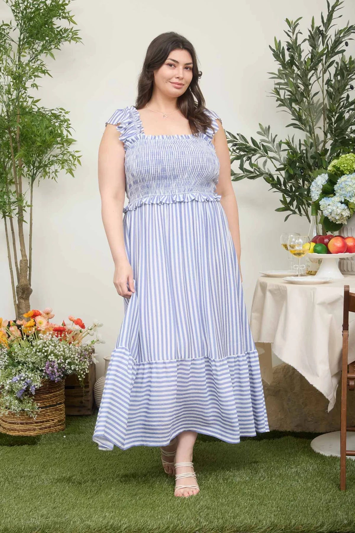 The Coastal Classic Stripe Midi Dress | Blue Smocked Ruffle Dress