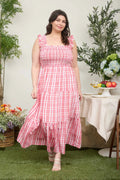 The Picnic Charm Plaid Midi Dress | Red Smocked Ruffle Strap Dress