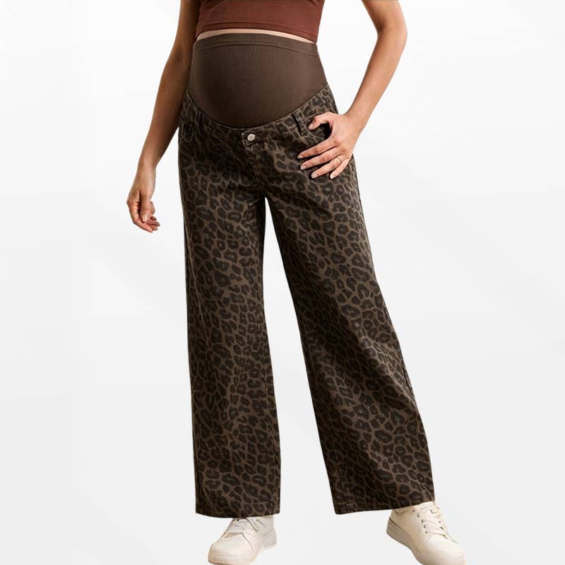 Women's Maternity Over Belly Leopard Wide Leg Jeans, front view