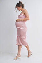 Smocked Ruffle Trim Maternity Midi Dress with Tie Straps, view 14